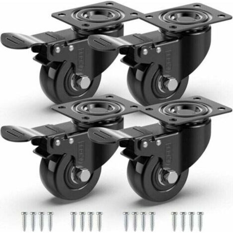 4 roues pivotantes avec frein et vis de fixation pour meubles – Diamètre 50 mm, charge maximale 200 kg – Sans trace sur sols durs, roulettes en caoutchouc noir résistantes pour chariots et mobilier