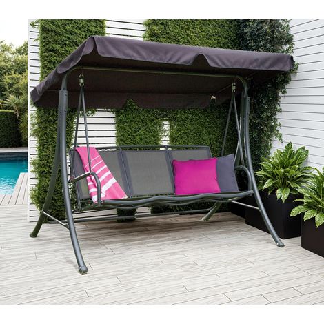 Homemaison – Balancelle de jardin 3 places en acier inoxydable – Assise textilène – Toit en polyester anti-UV – Dimensions 194x126x163 cm – Gris anthracite