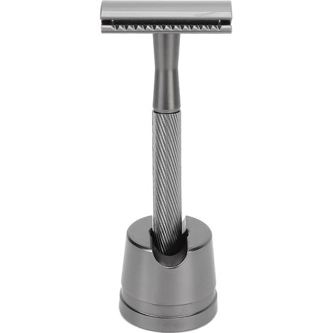 Kit rasoir de sécurité homme en alliage de zinc, manche laiton, double lame interchangeable avec support de rasage noir.