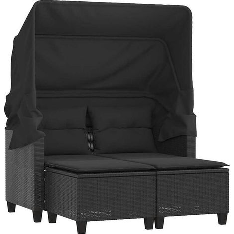 Canapé de jardin deux places avec auvent et tabouret en rotin noir (1/5)