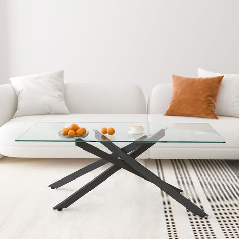DESMIU Table Basse Rectangulaire avec Plateau en Verre Trempé et Piètement Métal, pour Salon, Noir, 120 × 60 × 46 cm (1/5)