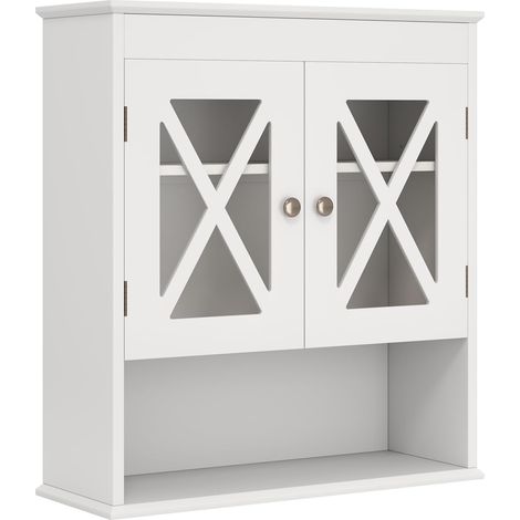 GOPLUS Meuble WC, Armoire Murale de Salle de Bain avec Étagère Réglable & Ouverte, Placard Rangement Suspendu avec 2 Portes Transparentes, Armoire à Pharmacie pour Salon, Salle de Bain, Cuisine, Blanc (1/5)