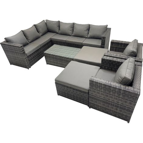 Fimous Outdoor Rattan Rectangular Coffee Table Corner Sofa Sets Garden Furniture Set with 2 Chairs 2 Big Stools Dark Grey Mixed (1/5)