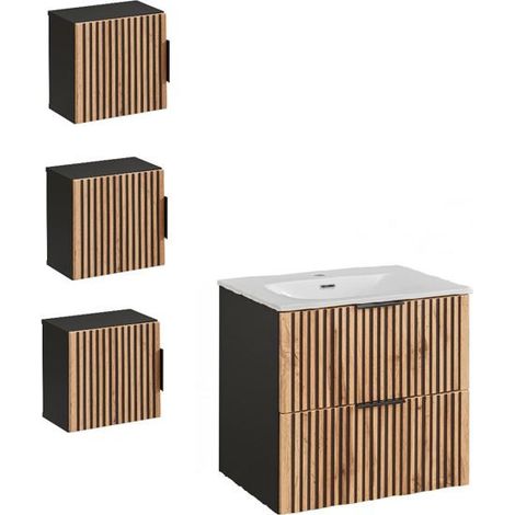 Ensemble meuble vasque à encastrer + 3 éléments - 60 cm - Sylve Black Wotan - Livraison gratuite