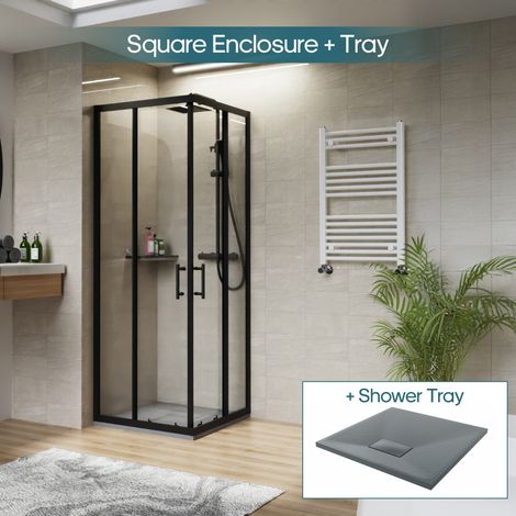 NRG Square Black Sliding Doors Corner Entry Shower Enclosure Bathroom Cubicle 700 x 700mm & Anthracite Shower Tray (1/5)