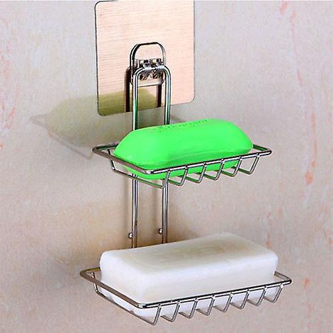 Porte-savon mural à ventouse double couche avec système d'évacuation, pour salle de bain. (1/5)