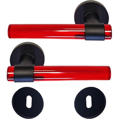 Tiradores de puerta de cristal de plexiglás ROJO «JOY» sobre patas de acero inoxidable negro.  +1 Pareja de rosas con agujero de llave