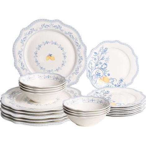 Set of 24 Dinnerware White Blue Porcelain Glaze Finish Leaf Pattern Bowls Plates Kitchen Dining Room LOVAGE