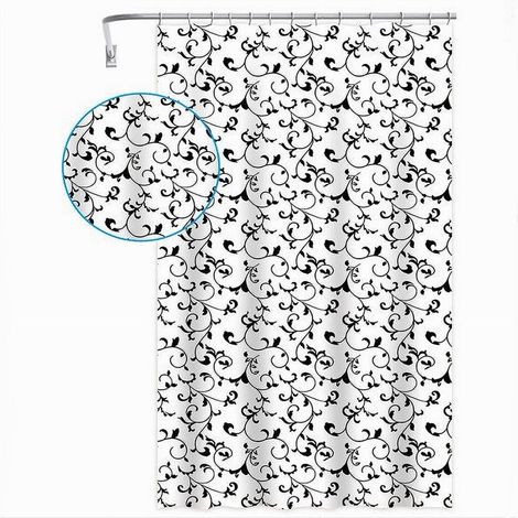 Cleafe - Tenda Da Doccia Vasca Bagno 12 Ganci Motivo Floreale Bianco Nero 180x200cm 87567 - (1/4)