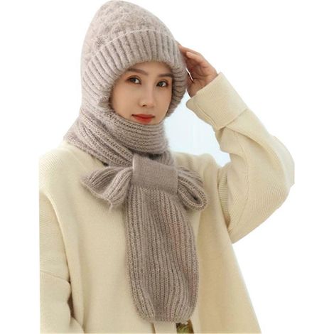 Cagoule doublée en peluche pour femme, en acrylique, avec capuche, écharpe, bonnet, coupe-vent, protection d'oreilles intégrée, bonnet d'hiver tendance - C (1/5)