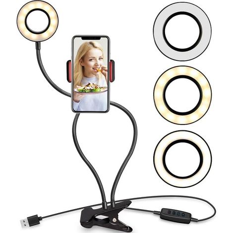 Lampe de lecture LED avec support pour téléphone, lot de 1, couleur noire, col de cygne flexible à 360°, anneau lumineux, pour lecture, maquillage, selfies et éclairage d'appoint (1/5)