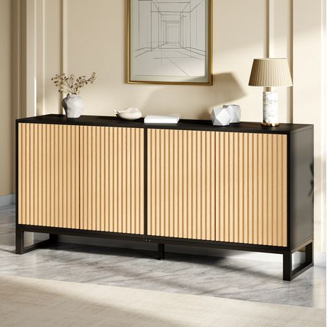 Buffet meuble à chaussures 4 portes rainurées 160 x 40 x 75 cm MDF et PB noir/naturel OKWISH (1/5)