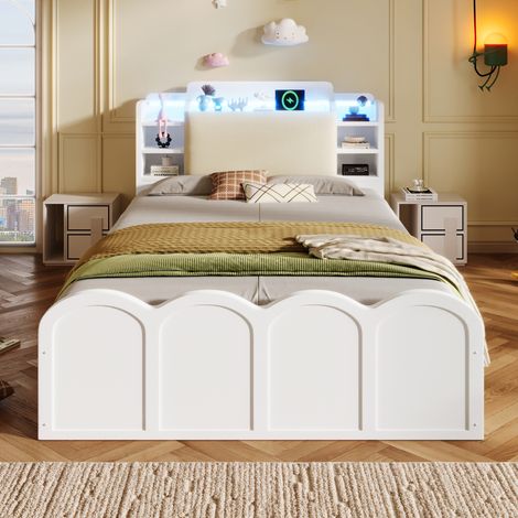 Cama panel blanca 90x200 cm de pino, con cabecero acolchado, arcón hidráulico, LED y USB/Type-C