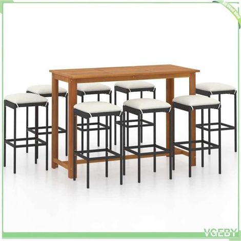 Ensemble de bar de jardin - FAFEICY - 3068014 - 1 table + 8 tabourets - Acacia massif huilé - Résine tressée noir (1/5)