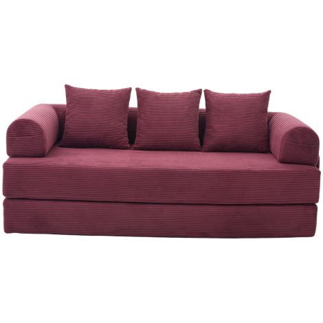 Sofá cama, sofá de 3 plazas, bolsillo lateral y 3 cojines, de terciopelo acanalado (pana) con estructura de metal, rojo vino (1/5)