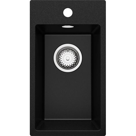 PRIMAGRAN Evier Cuisine en Granit 28x50cm, Lavabo 1 bac + Kit de Vidage, Évier à Encastrer au meuble 30cm - Riga, Noir (1/5)
