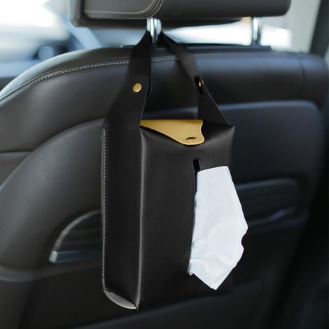 Porte-Mouchoirs Voiture en Similicuir PU Noir, Format Rectangulaire, Sangle Amovible, Organiseur Compact (1/5)