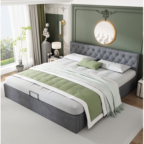 Bett Doppelbett Stauraum 180x200 Samt Grau OKMYHOME (1/5)