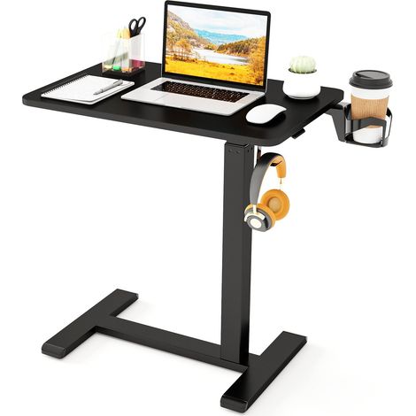 Mesa de cama ajustable con portavasos y ganchos, color negro (1/5)