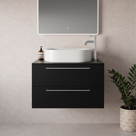 Napoli 460 Matt Black 800mm Wall Mounted 2 Drawer Vanity Unit for Countertop Basins - 800mm - Chrome 480mm Handle