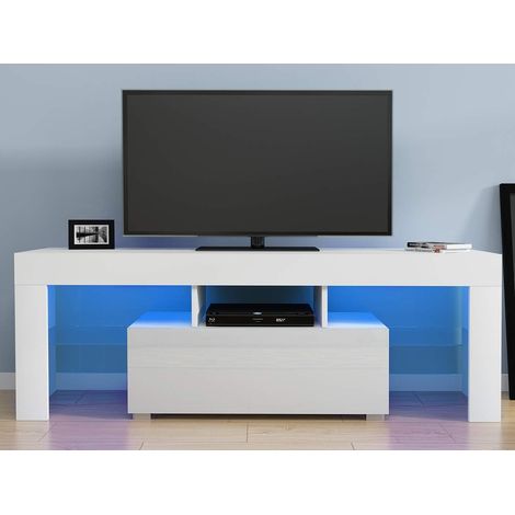 LED Meuble TV en Verre sur Salle de Séjour, Salon et Chambre à Coucher etc, Taile: 1303545cm, Poids: 28kg, Blanc