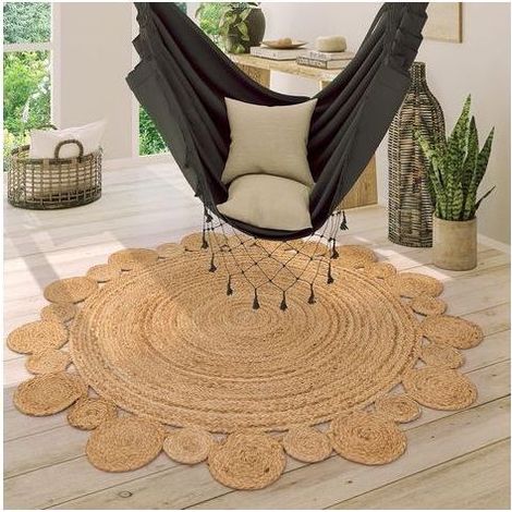 Tapis Salon Rond Jute Ethnique Boho - 60 cm Rond - Fait Main Moderne Naturel (1/5)