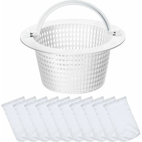 Panier de skimmer standard petit panier filtrant avec 10 chaussettes de skimmer de piscine en tissu nylon élastique durable (poignée blanche) (1/5)