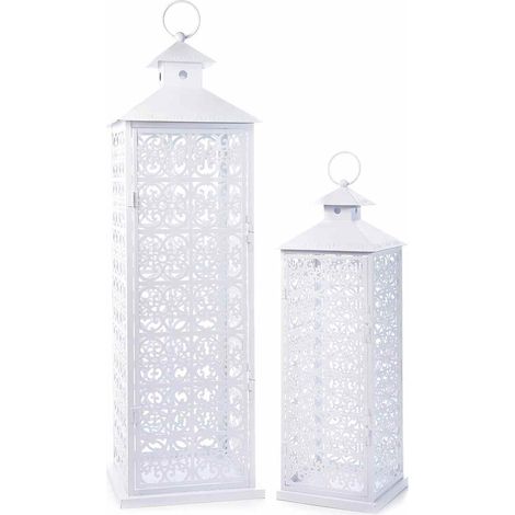 Set 2 lanterne lunghe in metallo bianco traforato a base rettangolare, Grande: cm 25 x 25 x 82 H