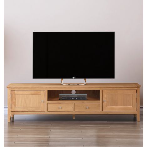 Hallowood Furniture Hereford Oak Long TV Unit, Wooden TV Stand Cabinet with 2 Drawers and Cupboards, Large Light Oak Media Unit Storage, Bedroom or Living Room Furniture (1/5)