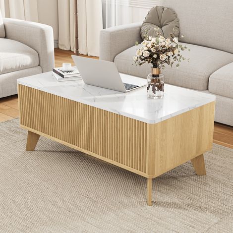 BLANKETSWARM - Table basse en bois 105x53x42 cm – Compartiments de rangement dissimulés – Surface facile à entretenir – Design élégant – Bois naturel (1/5)