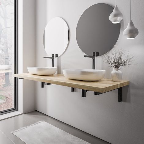 BERNSTEIN - plano de lavabo de roble macizo 160x52x7cm (LxAnxAl) + Soportes de fijación negros mate - PUREWOOD 160cm, Negro mate (1/5)