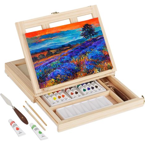 Relaxdays Set Pittura in Valigetta, Kit Cavalletto Tavolo, 19 Accessori con Tela, Tavolozza, Pennelli, Colori, Naturale (1/5)