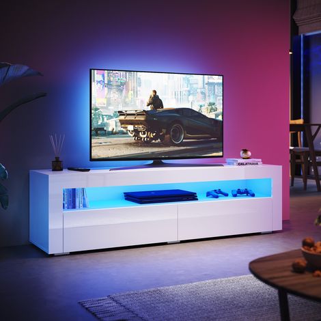 SONNI Hochglanz TV Schrank mit LED-Lichtern, 2 Grifflose Tür, Stand Modern TV Board Geeignet für Wohnzimmer und Schlafzimmer, Weiß, 1600 x 400 x 450 mm (1/5)