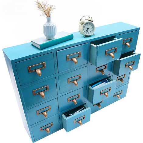 Armoire de rangement à 16 tiroirs, 50,5 x 9,5 x 35 cm - Organisateur de bureau bleu en bois avec poignées en métal, pour bijoux, cosmétiques et petits objets, sans assemblage (1/5)