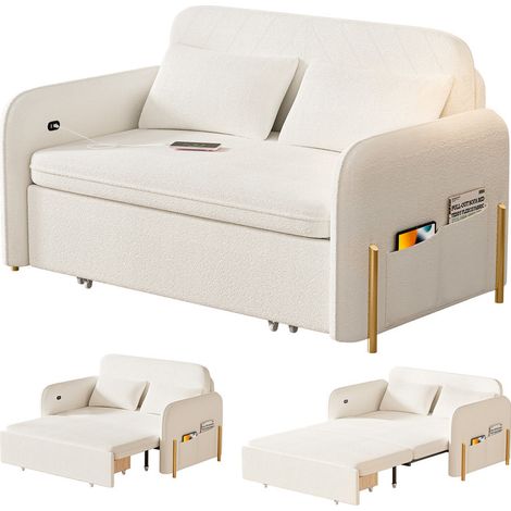 FIANAO – Canapé-lit convertible en velours – poches latérales, ports USB et Type-C intégrés – 178 × 120 × 70 cm, blanc (1/5)