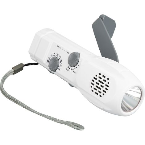 Radio torche d'urgence AM/FM rechargeable USB avec alarme SOS, batterie 1200 mAh, petite LED, à manivelle, idéale pour le camping et la randonnée (blanche). (1/4)