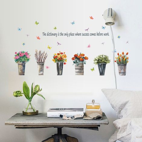 Sticker mural vintage représentant des fleurs en pot pour fenêtres (Dimensions : 130 cm x 66 cm) (1/4)