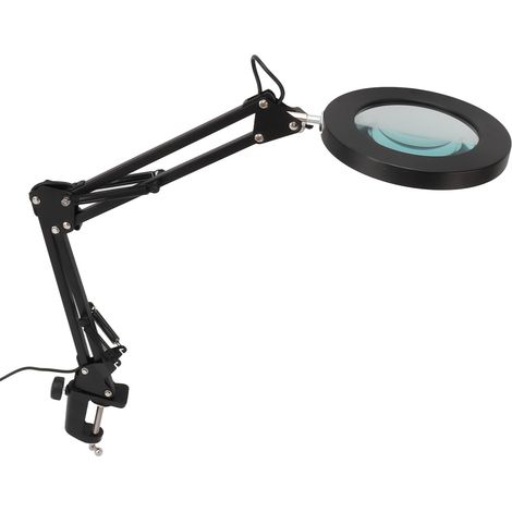 Lampe loupe 10x avec pince, bras pivotant réglable noir, 3 modes de couleur, alimentation USB 5V, intensité lumineuse variable, alliage d'aluminium.
