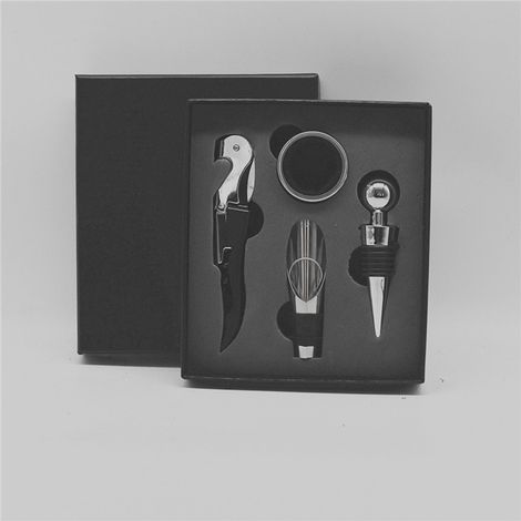 4-teiliges schwarzes Weinflaschenöffner-Set, Sommelier-Korkenzieher, Vakuumverschluss, Ausgießer, Geschenkbox aus Edelstahl (1/3)
