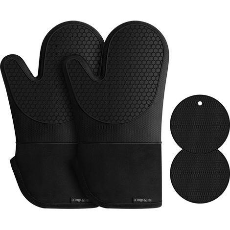 Gants de cuisine en silicone imperméables et résistants à la chaleur antidérapants avec 2 coussinets isolants en coton pour barbecue, cuisson, fumage, noir (1/5)