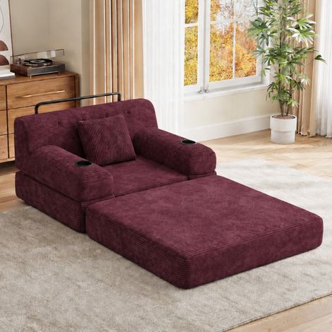 Divano letto 1 posto 107/162 cm in velluto a coste rosso vino con portabevande e tasche laterali (1/5)