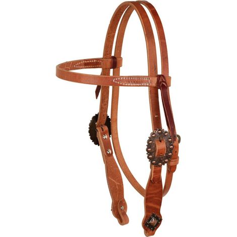 taglia unica, naturale: Testiera western in cuoio con fibbie lavorate e concho con decoro pietra