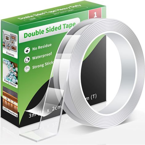 Ruban Adhésif Double Face Extra Fort, Nano Transparentes Ruban Adhésif, Amovible, Sans Traces, Lavable, pour Affiche/Suspension Murale/Tapis 1 Rouleau (3,0 m × 2,0 cm × 1 mm) (1/5)