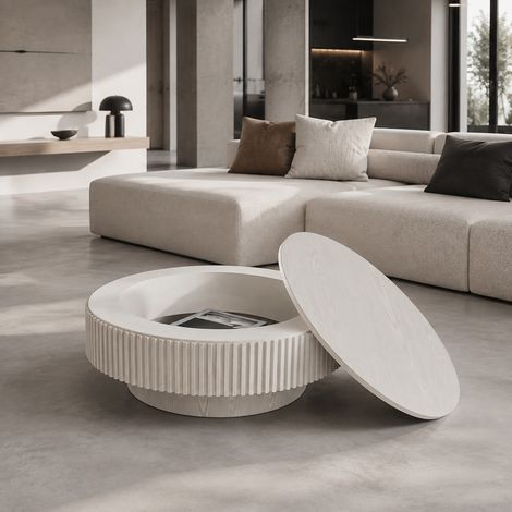 Tavolino rotondo 75x75x35 cm bianco retrò con vano contenitore, MDF e impiallacciatura (1/5)