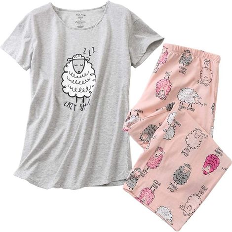 Ensemble pyjama femme en coton, haut à manches courtes et pantalon capri, ensemble de détente 2 pièces (1/5)