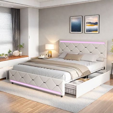 Doppelbett 160x200 Design mit Stauraum und RGB LED-Lichtern, Bett mit Rollschubladen, gebrochenes Beige Samt - Modernes und Luxuriöses Design