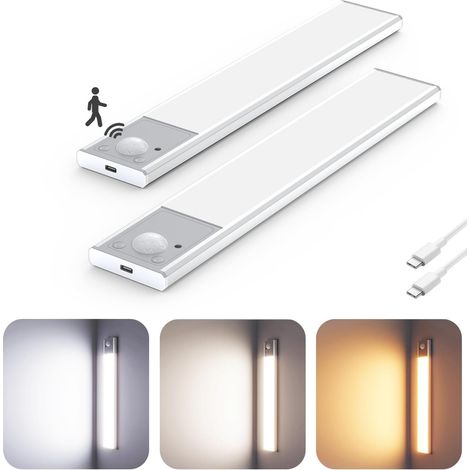 2 pièces d'éclairage ultra-fin sous armoire de 20 cm, lampes magnétiques pour placard à 3 températures de couleur, lampe rechargeable avec détecteur de mouvement pour l'intérieur (1/5)