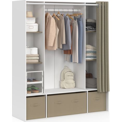 Dressing double penderie DIANE 140 x 45 x 167 cm blanc avec étagères + boites de rangement + rideau taupe