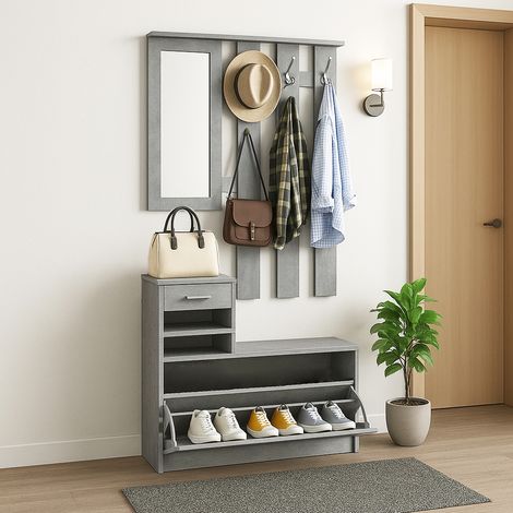 Set Mobili da Ingresso con Appendiabiti a 6 Ganci Scarpiera con Specchio Grigio (1/5)