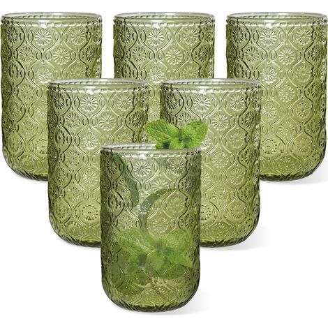 Lot de 6 verres à boire vintage Green - 400 ml - En verre gaufré - Pour bière, juice, cocktail, whisky, lait (vert B) (1/5)